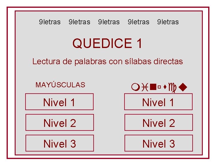 9 letras 9 letras QUEDICE 1 Lectura de palabras con sílabas directas MAYÚSCULAS Nivel