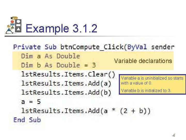 Example 3. 1. 2 Variable declarations Variable a is uninitialized so starts with a