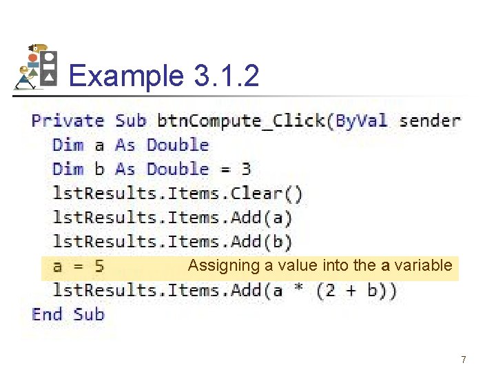 Example 3. 1. 2 Assigning a value into the a variable 7 