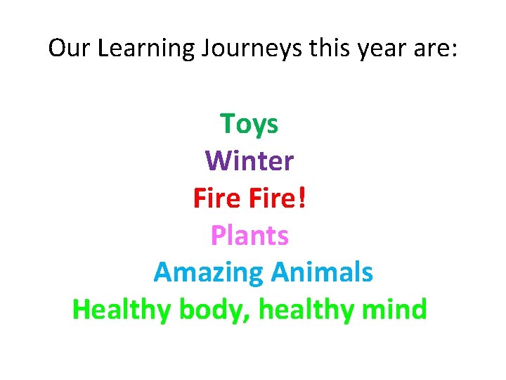 Our Learning Journeys this year are: Toys Winter Fire! Plants Amazing Animals Healthy body,