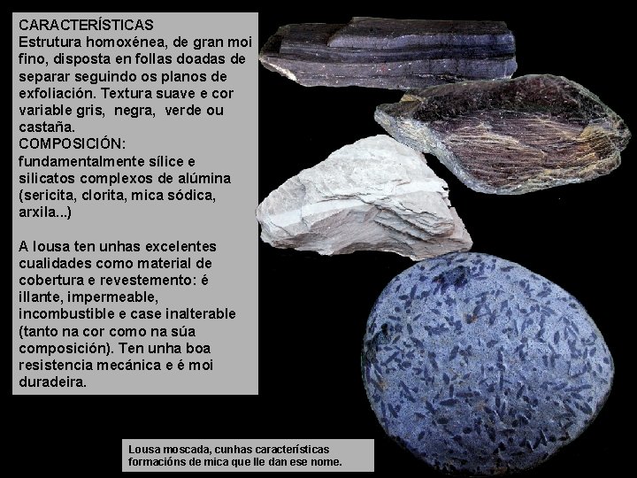 CARACTERÍSTICAS Estrutura homoxénea, de gran moi fino, disposta en follas doadas de separar seguindo