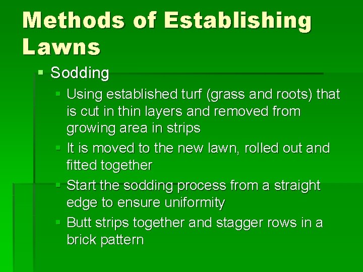 Methods of Establishing Lawns § Sodding § Using established turf (grass and roots) that