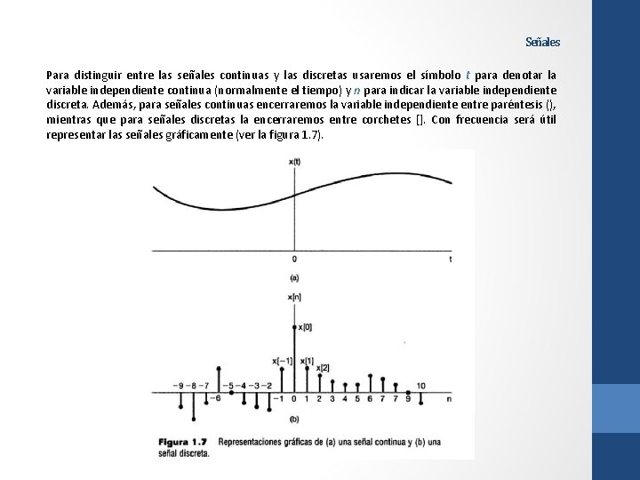 Señales Para distinguir entre las señales continuas y las discretas usaremos el símbolo t