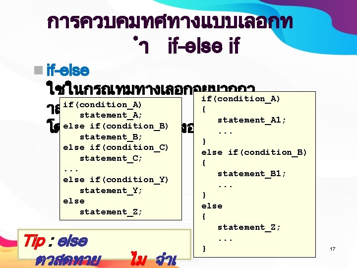 การควบคมทศทางแบบเลอกท ำ if-else if n if-else ใชในกรณทมทางเลอกอยมากกว if(condition_A) { าสองทางเลอก statement_A; statement_A 1; else