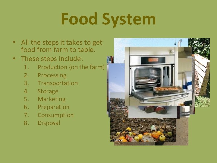Food System • All the steps it takes to get food from farm to
