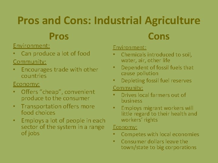 Pros and Cons: Industrial Agriculture Pros Environment: • Can produce a lot of food