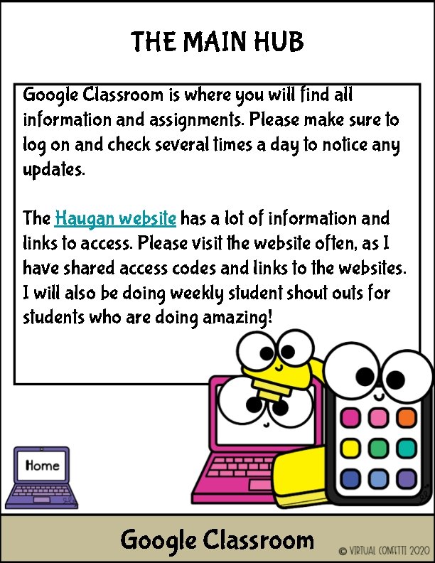 THE MAIN HUB Google Classroom is where you will find all information and assignments.