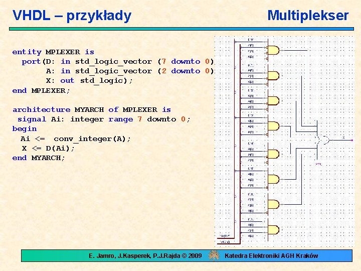 VHDL – przykłady Multiplekser entity MPLEXER is port(D: in std_logic_vector (7 downto 0); A: