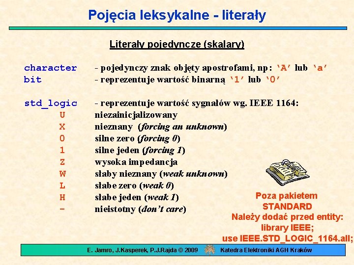 Pojęcia leksykalne - literały Literały pojedyncze (skalary) character bit - pojedynczy znak objęty apostrofami,