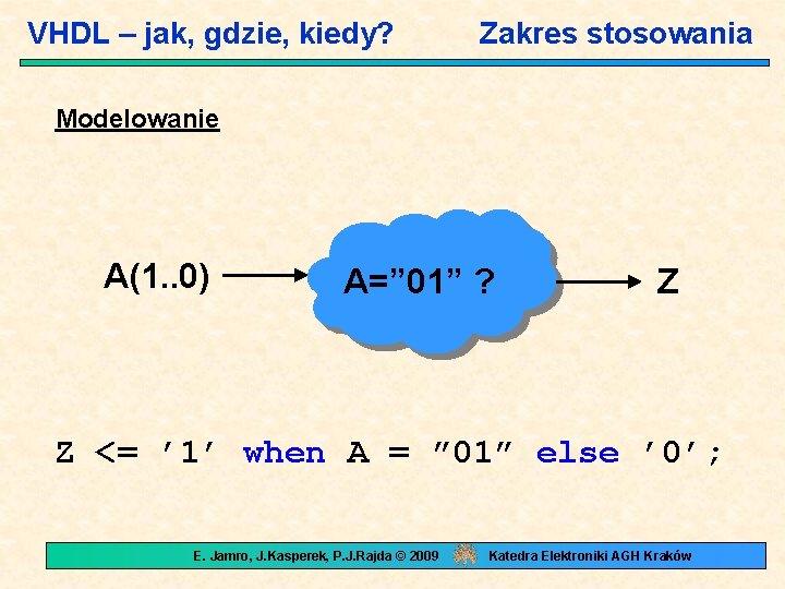 VHDL – jak, gdzie, kiedy? Zakres stosowania Modelowanie A(1. . 0) A=” 01” ?