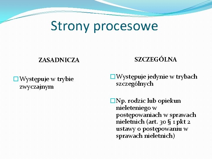 Strony procesowe ZASADNICZA �Występuje w trybie zwyczajnym SZCZEGÓLNA �Występuje jedynie w trybach szczególnych �Np.