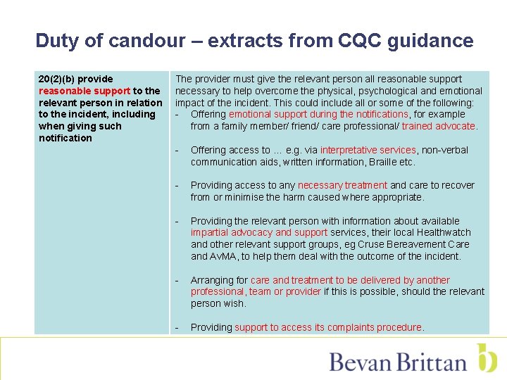 Duty of candour – extracts from CQC guidance 20(2)(b) provide reasonable support to the