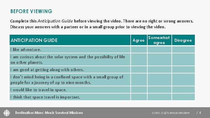 BEFORE VIEWING Complete this Anticipation Guide before viewing the video. There are no right