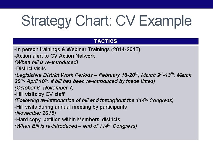 Strategy Chart: CV Example TACTICS -In person trainings & Webinar Trainings (2014 -2015) -Action