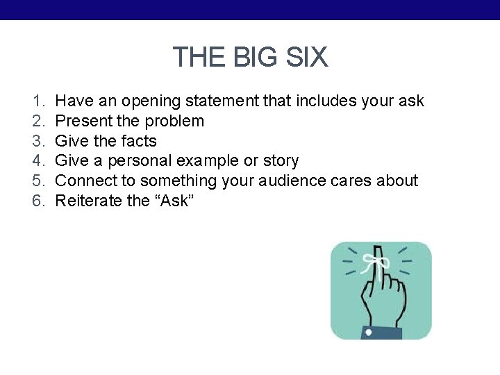 THE BIG SIX 1. 2. 3. 4. 5. 6. Have an opening statement that