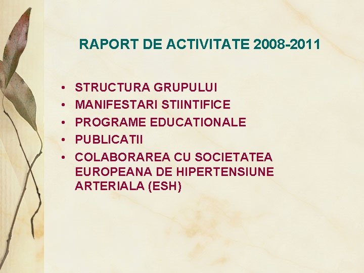 RAPORT DE ACTIVITATE 2008 -2011 • • • STRUCTURA GRUPULUI MANIFESTARI STIINTIFICE PROGRAME EDUCATIONALE