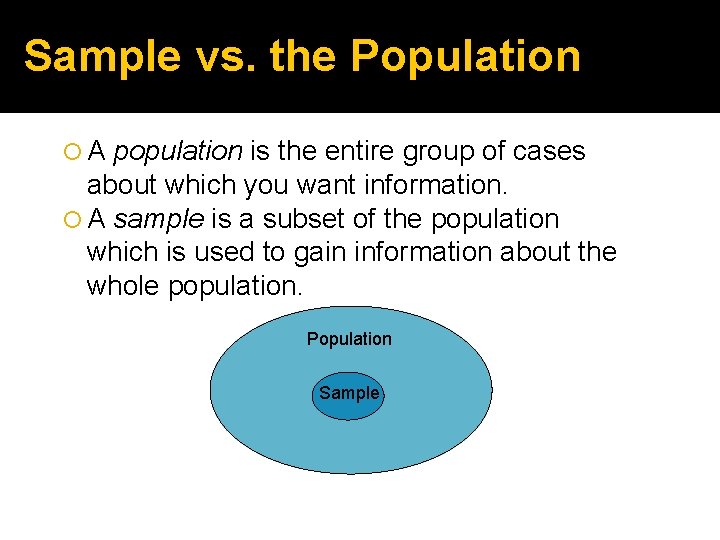 Sample vs. the Population A population is the entire group of cases about which