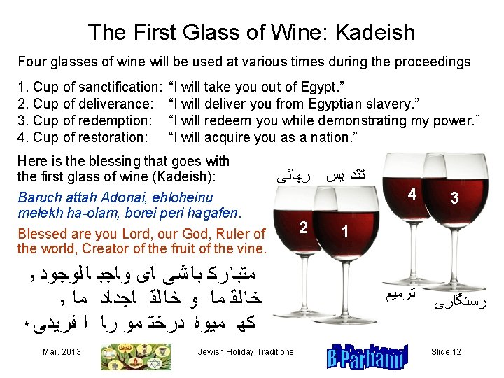 The First Glass of Wine: Kadeish Four glasses of wine will be used at