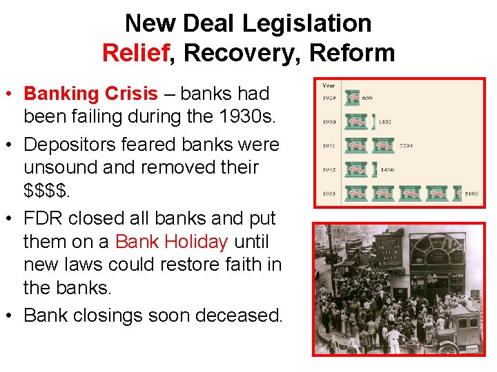 New Deal Legislation Relief, Recovery, Reform • Banking Crisis – banks had been failing