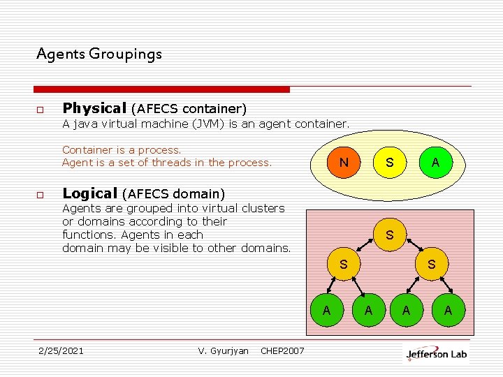 Agents Groupings o Physical (AFECS container) A java virtual machine (JVM) is an agent