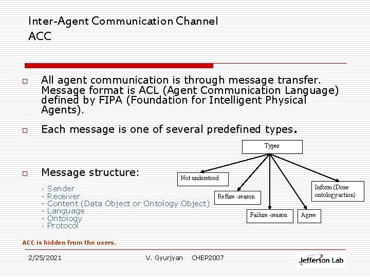 Inter-Agent Communication Channel ACC o o All agent communication is through message transfer. Message