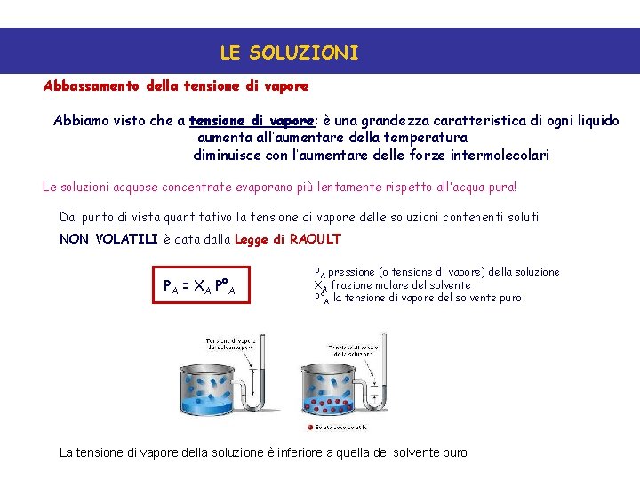 LE SOLUZIONI Abbassamento della tensione di vapore Abbiamo visto che a tensione di vapore: