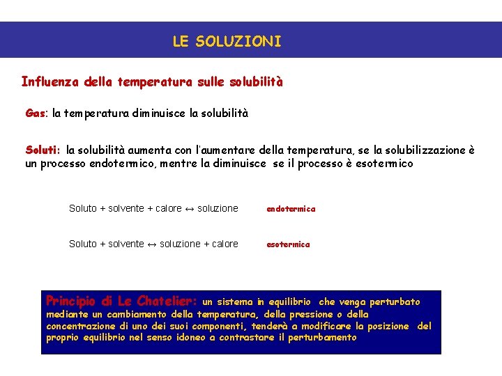 LE SOLUZIONI Influenza della temperatura sulle solubilità Gas: la temperatura diminuisce la solubilità Soluti: