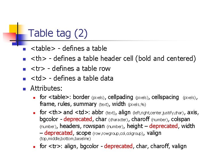 Table tag (2) n n n <table> - defines a table <th> - defines