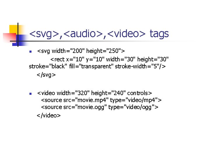 <svg>, <audio>, <video> tags <svg width="200" height="250"> <rect x="10" y="10" width="30" height="30" stroke="black" fill="transparent"