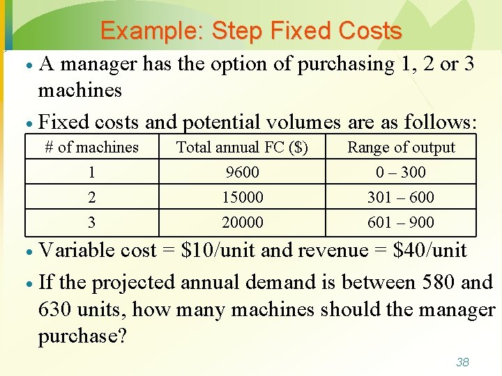 Example: Step Fixed Costs A manager has the option of purchasing 1, 2 or