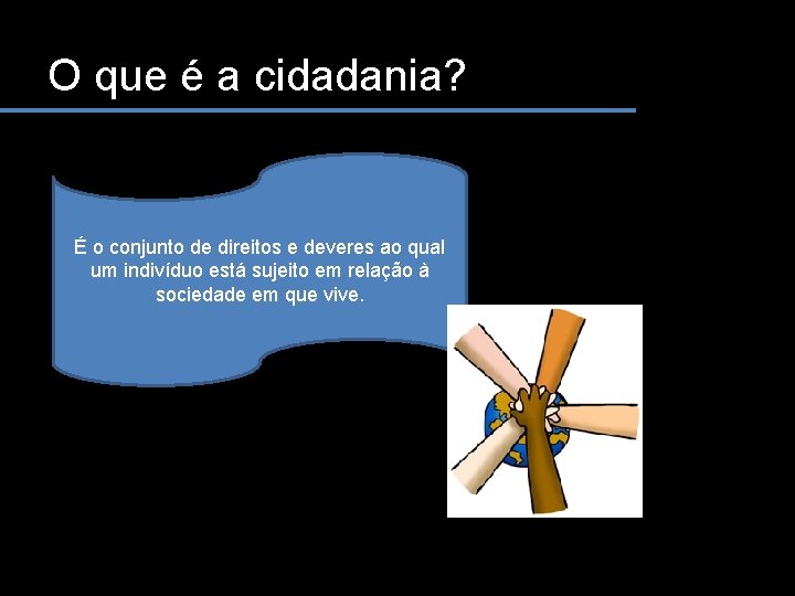 O que é a cidadania? É o conjunto de direitos e deveres ao qual