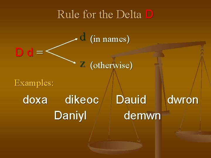Rule for the Delta D Dd= d (in names) z (otherwise) Examples: doxa dikeoc