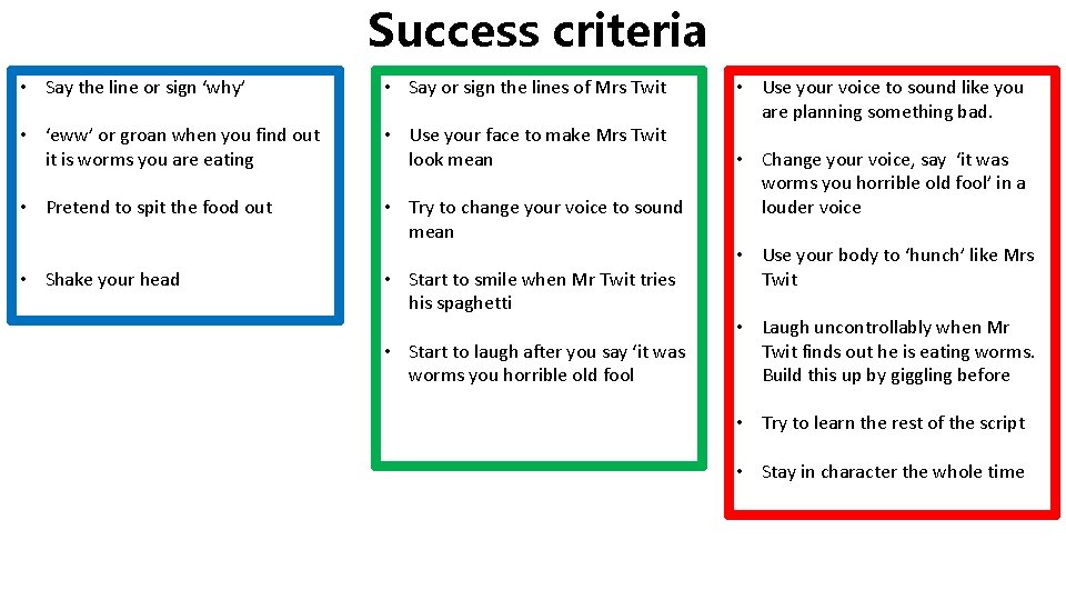 Success criteria • Say the line or sign ‘why’ • Say or sign the