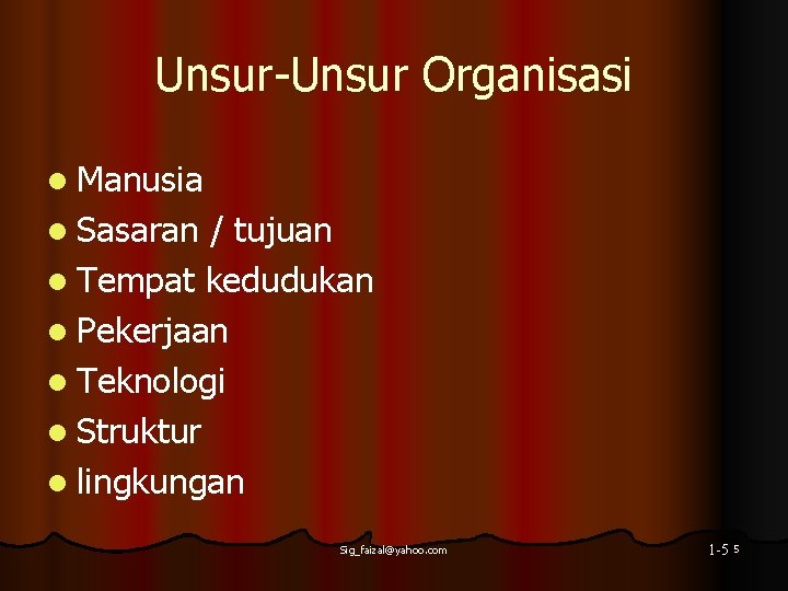 Unsur-Unsur Organisasi l Manusia l Sasaran / tujuan l Tempat kedudukan l Pekerjaan l