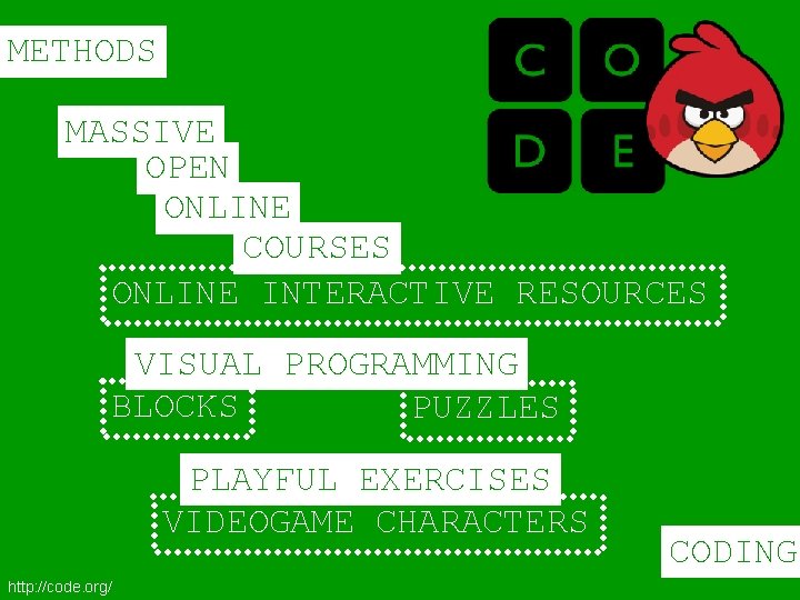 METHODS MASSIVE OPEN ONLINE COURSES ONLINE INTERACTIVE RESOURCES VISUAL PROGRAMMING BLOCKS PUZZLES PLAYFUL EXERCISES