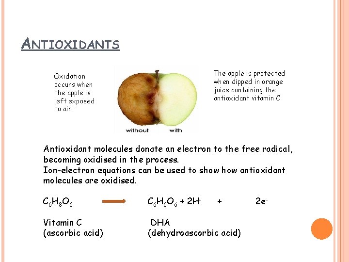 ANTIOXIDANTS The apple is protected when dipped in orange juice containing the antioxidant vitamin