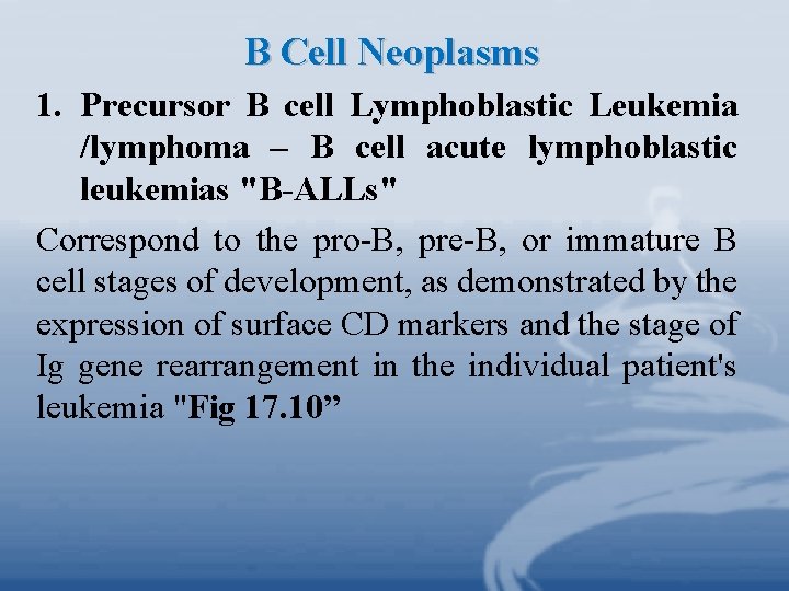 B Cell Neoplasms 1. Precursor B cell Lymphoblastic Leukemia /lymphoma – B cell acute