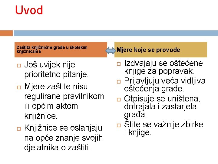 Uvod Zaštita knjižnične građe u školskim knjižnicama Još uvijek nije prioritetno pitanje. Mjere zaštite