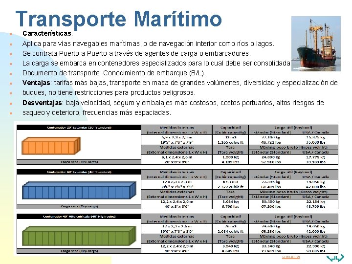 Transporte Marítimo n n n n n Características: Aplica para vías navegables marítimas, o