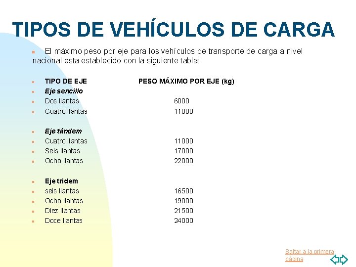 TIPOS DE VEHÍCULOS DE CARGA El máximo peso por eje para los vehículos de