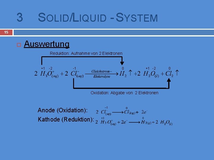 3 SOLID/LIQUID - SYSTEM 15 Auswertung Reduktion: Aufnahme von 2 Elektronen +1 -2 -1