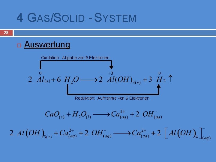 4 GAS/SOLID - SYSTEM 28 Auswertung Oxidation: Abgabe von 6 Elektronen Reduktion: Aufnahme von