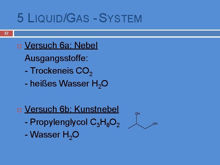 5 LIQUID/GAS - SYSTEM 32 Versuch 6 a: Nebel Ausgangsstoffe: - Trockeneis CO 2