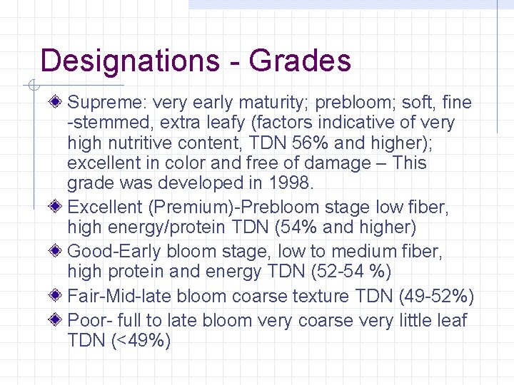 Designations - Grades Supreme: very early maturity; prebloom; soft, fine -stemmed, extra leafy (factors