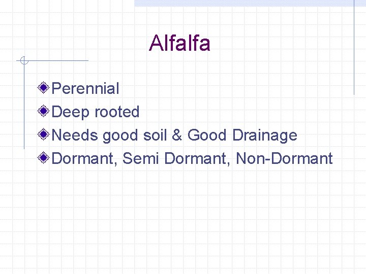 Alfalfa Perennial Deep rooted Needs good soil & Good Drainage Dormant, Semi Dormant, Non-Dormant