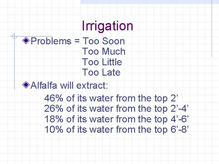 Irrigation Problems = Too Soon Too Much Too Little Too Late Alfalfa will extract: