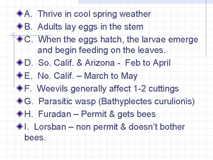 A. Thrive in cool spring weather B. Adults lay eggs in the stem C.