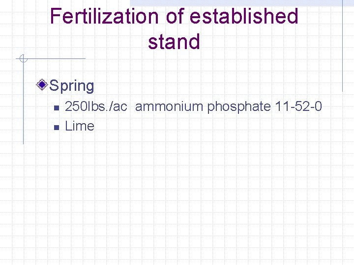 Fertilization of established stand Spring n n 250 lbs. /ac ammonium phosphate 11 -52