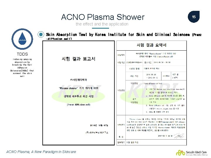 ACNO Plasma Shower 15 the effect and the application Skin Absorption Test by Korea