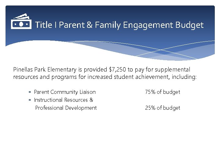 Title I Parent & Family Engagement Budget Pinellas Park Elementary is provided $7, 250